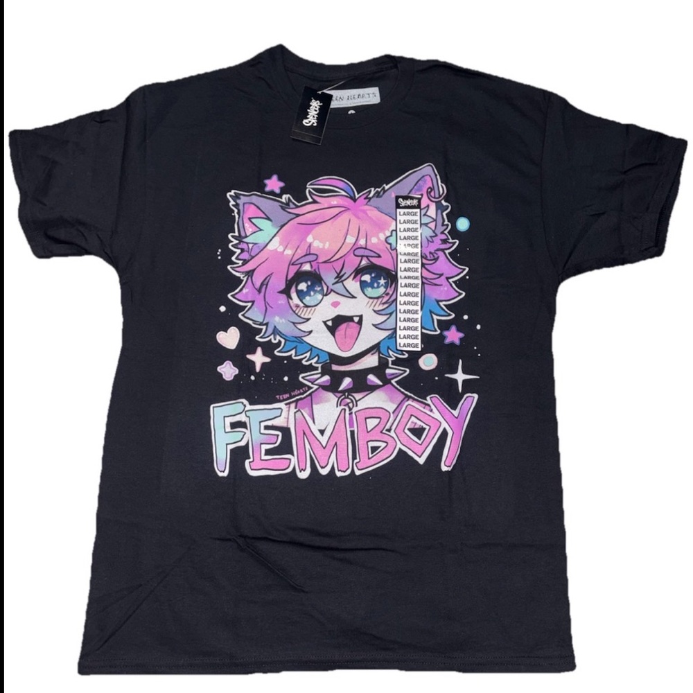 **SOLD***Teen Hearts FEMBOY Anime Cat Graphic T-Shirt Size L New
